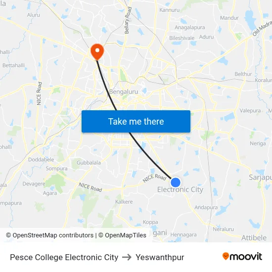 Pesce College Electronic City to Yeswanthpur map