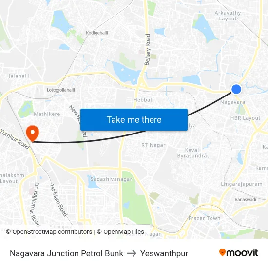 Nagavara Junction Petrol Bunk to Yeswanthpur map