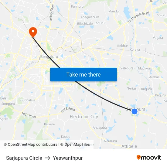 Sarjapura Circle to Yeswanthpur map