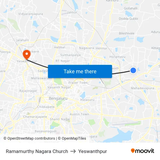 Ramamurthy Nagara Church to Yeswanthpur map