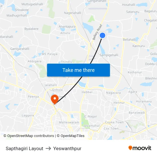 Sapthagiri Layout to Yeswanthpur map
