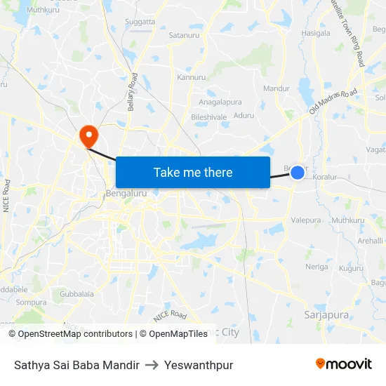 Sathya Sai Baba Mandir to Yeswanthpur map