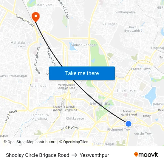 Shoolay Circle Brigade Road to Yeswanthpur map