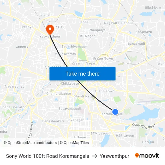 Sony World 100ft Road  Koramangala to Yeswanthpur map