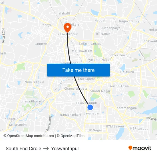 South End Circle to Yeswanthpur map