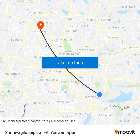 Shrinivagilu Ejipura to Yeswanthpur map