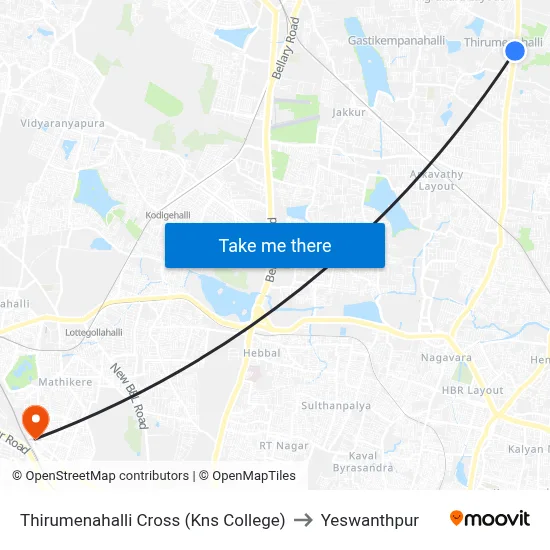 Thirumenahalli Cross (Kns College) to Yeswanthpur map