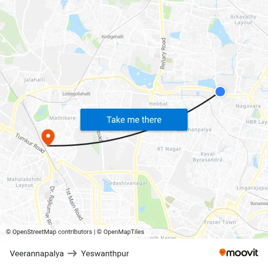 Veerannapalya to Yeswanthpur map