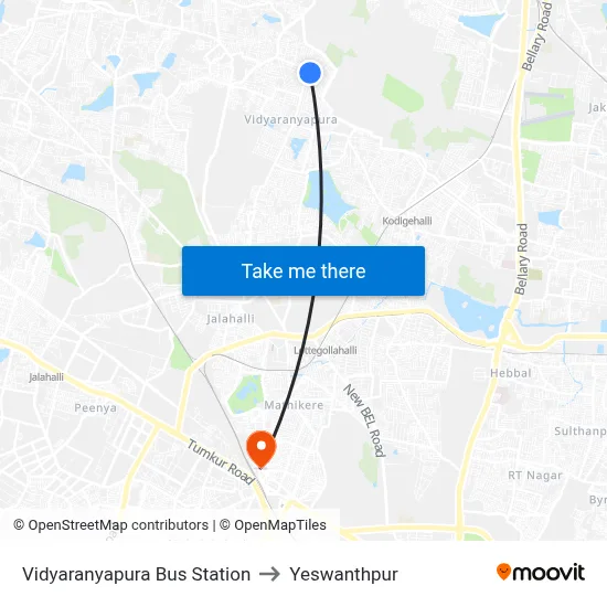 Vidyaranyapura Bus Station to Yeswanthpur map