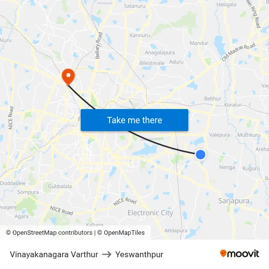 Vinayakanagara Varthur to Yeswanthpur map