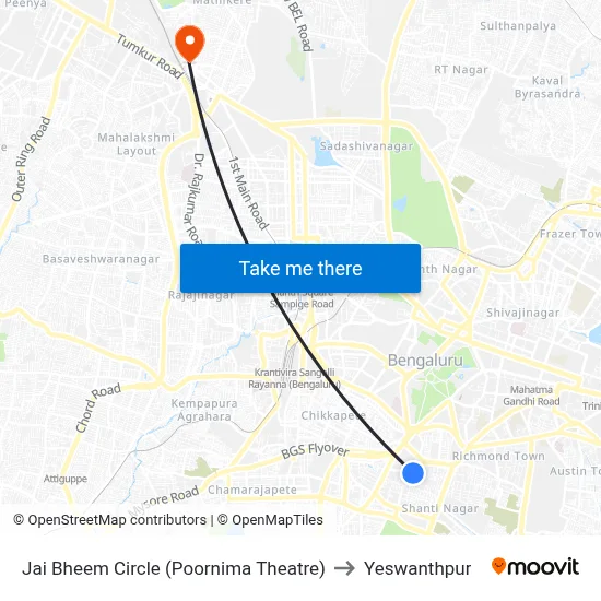 Jai Bheem Circle (Poornima Theatre) to Yeswanthpur map