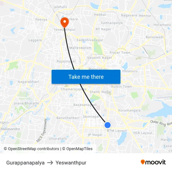 Gurappanapalya to Yeswanthpur map