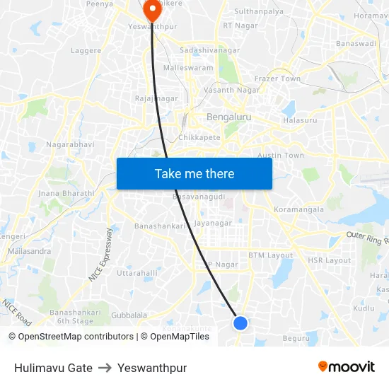 Hulimavu Gate to Yeswanthpur map