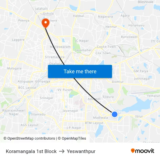 Koramangala 1st Block to Yeswanthpur map