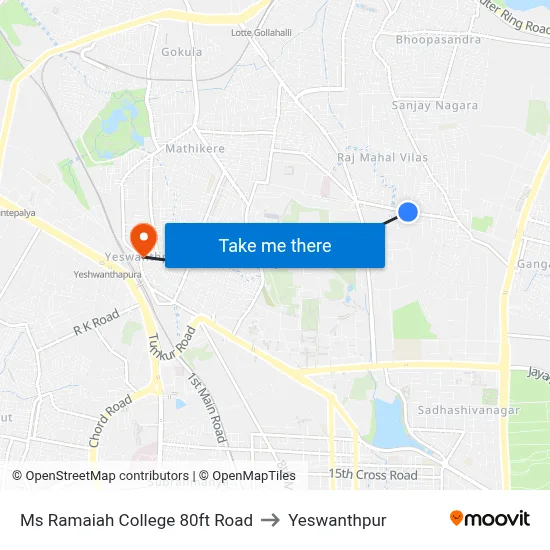 Ms Ramaiah College 80ft Road to Yeswanthpur map
