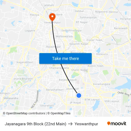 Jayanagara 9th Block (22nd Main) to Yeswanthpur map