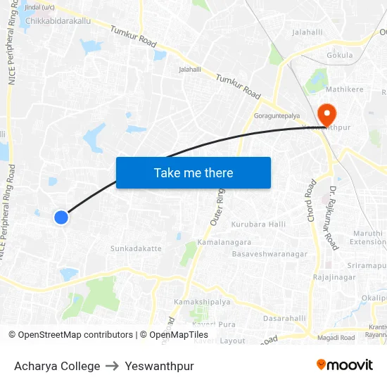 Acharya College to Yeswanthpur map
