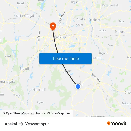 Anekal to Yeswanthpur map