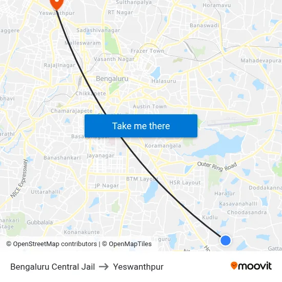Bengaluru Central Jail to Yeswanthpur map