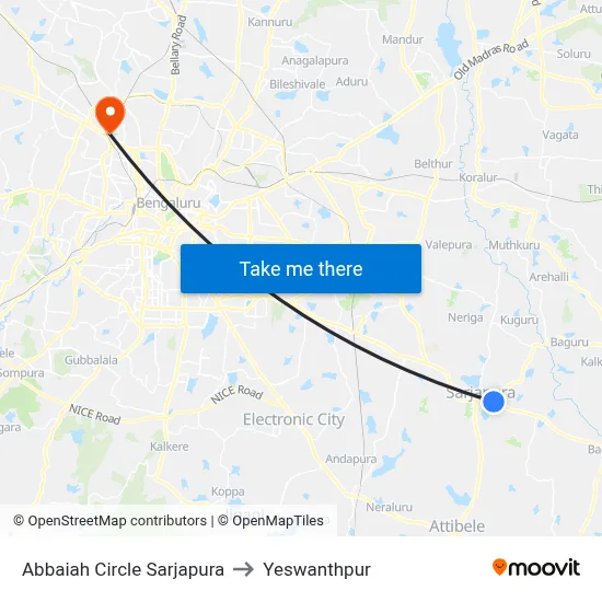 Abbaiah Circle Sarjapura to Yeswanthpur map