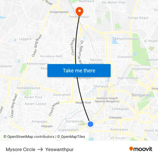 Mysore Circle to Yeswanthpur map
