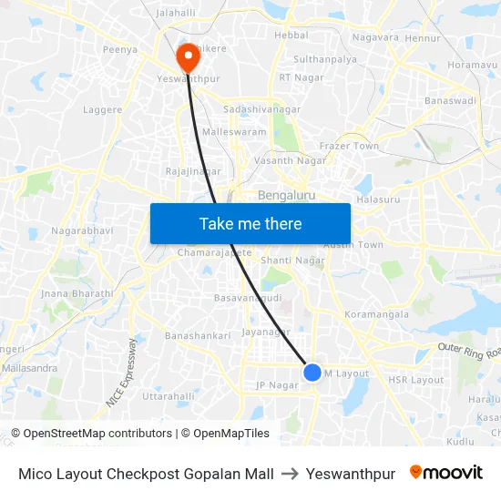 Mico Layout Checkpost Gopalan Mall to Yeswanthpur map