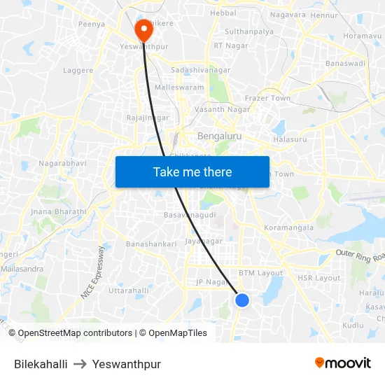 Bilekahalli to Yeswanthpur map