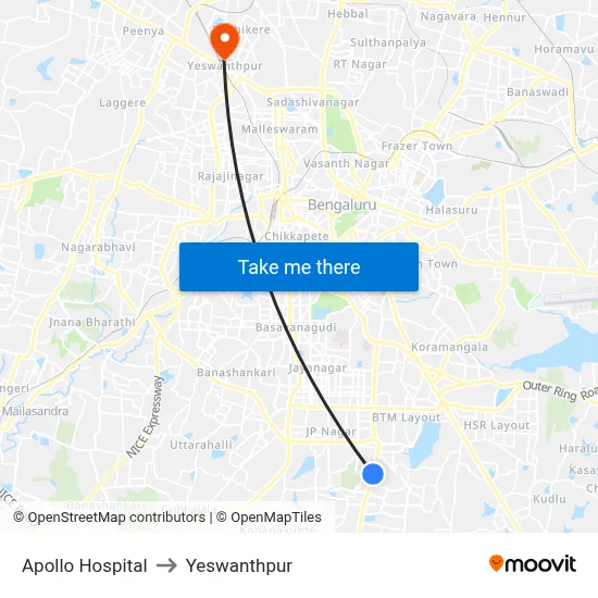 Apollo Hospital to Yeswanthpur map