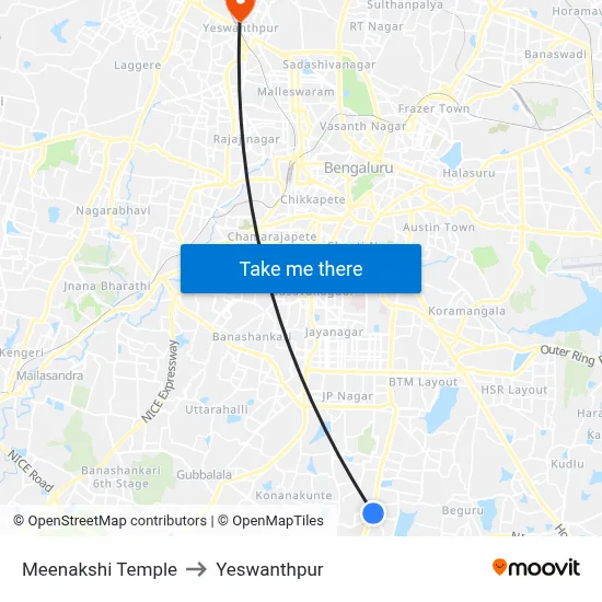 Meenakshi Temple to Yeswanthpur map