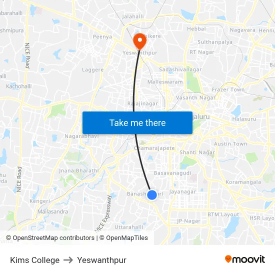 Kims College to Yeswanthpur map