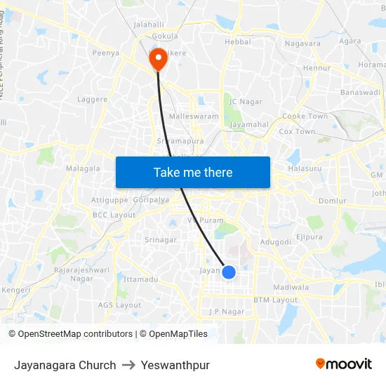 Jayanagara Church to Yeswanthpur map