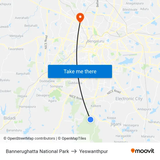 Bannerughatta National Park to Yeswanthpur map