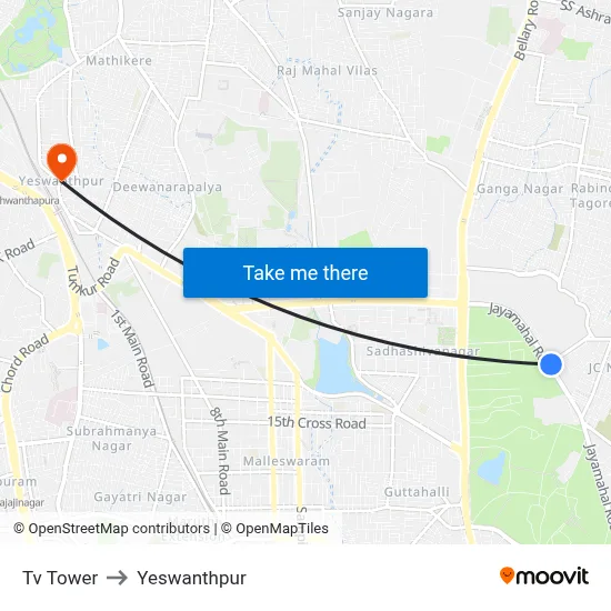 Tv Tower to Yeswanthpur map