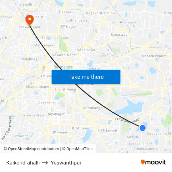 Kaikondrahalli to Yeswanthpur map