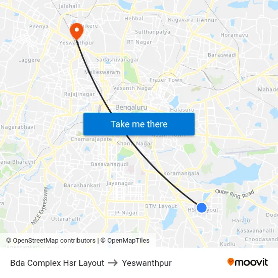 Bda Complex Hsr Layout to Yeswanthpur map