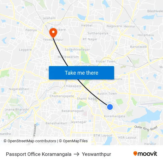 Passport Office Koramangala to Yeswanthpur map