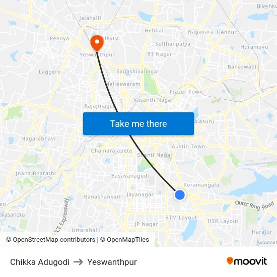 Chikka Adugodi to Yeswanthpur map