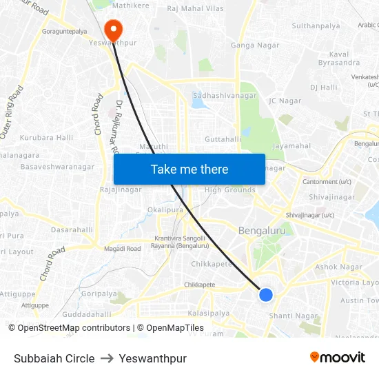 Subbaiah Circle to Yeswanthpur map