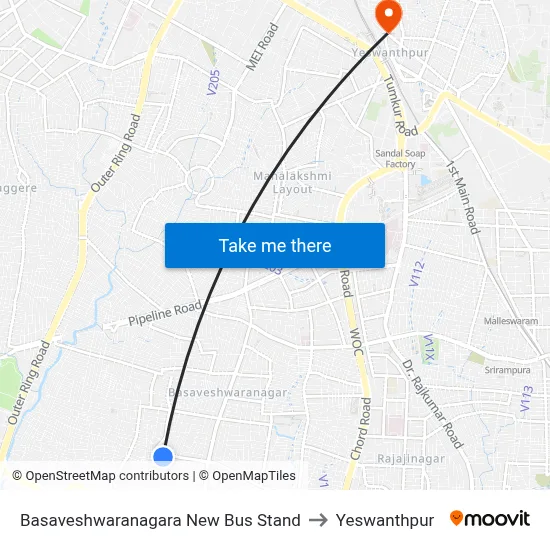 Basaveshwaranagara New Bus Stand to Yeswanthpur map