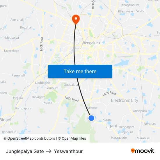 Junglepalya Gate to Yeswanthpur map