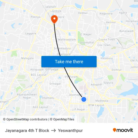 Jayanagara 4th T Block to Yeswanthpur map