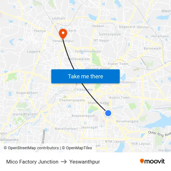 Mico Factory Junction to Yeswanthpur map