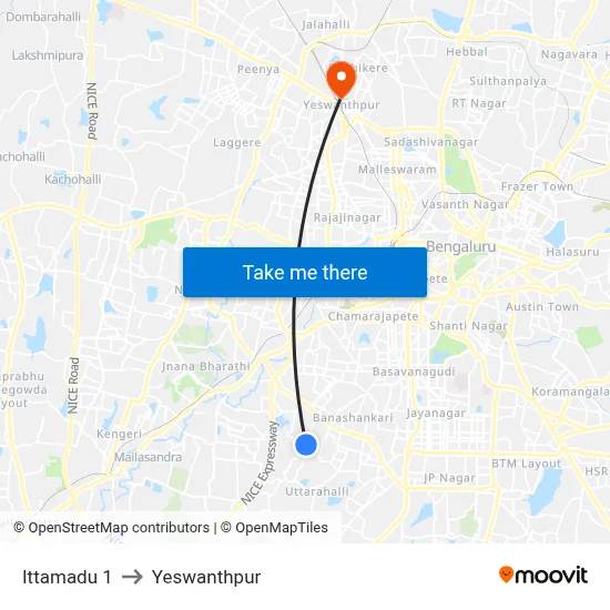 Ittamadu 1 to Yeswanthpur map