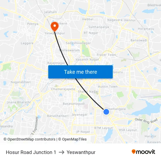 Hosur Road Junction 1 to Yeswanthpur map