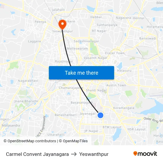 Carmel Convent Jayanagara to Yeswanthpur map