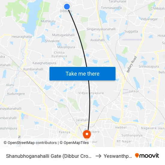 Shanubhoganahalli Gate (Dibbur Cross) to Yeswanthpur map
