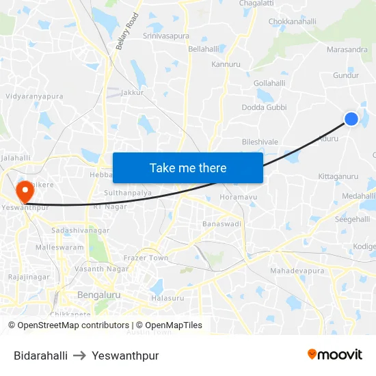 Bidarahalli to Yeswanthpur map