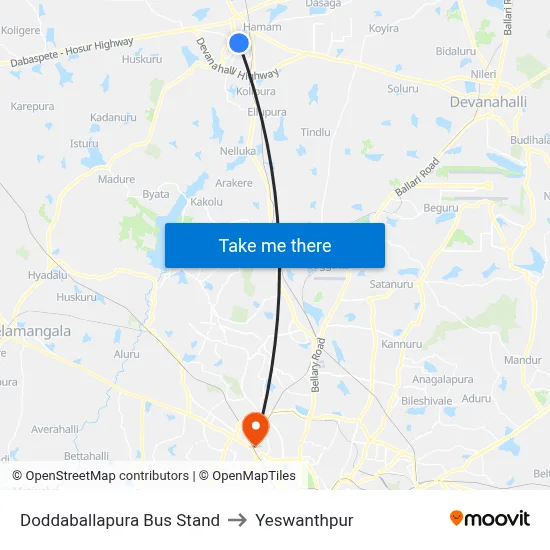 Doddaballapura Bus Stand to Yeswanthpur map
