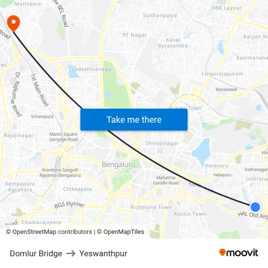 Domlur Bridge to Yeswanthpur map