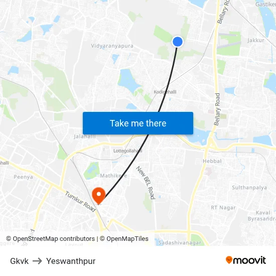 Gkvk to Yeswanthpur map